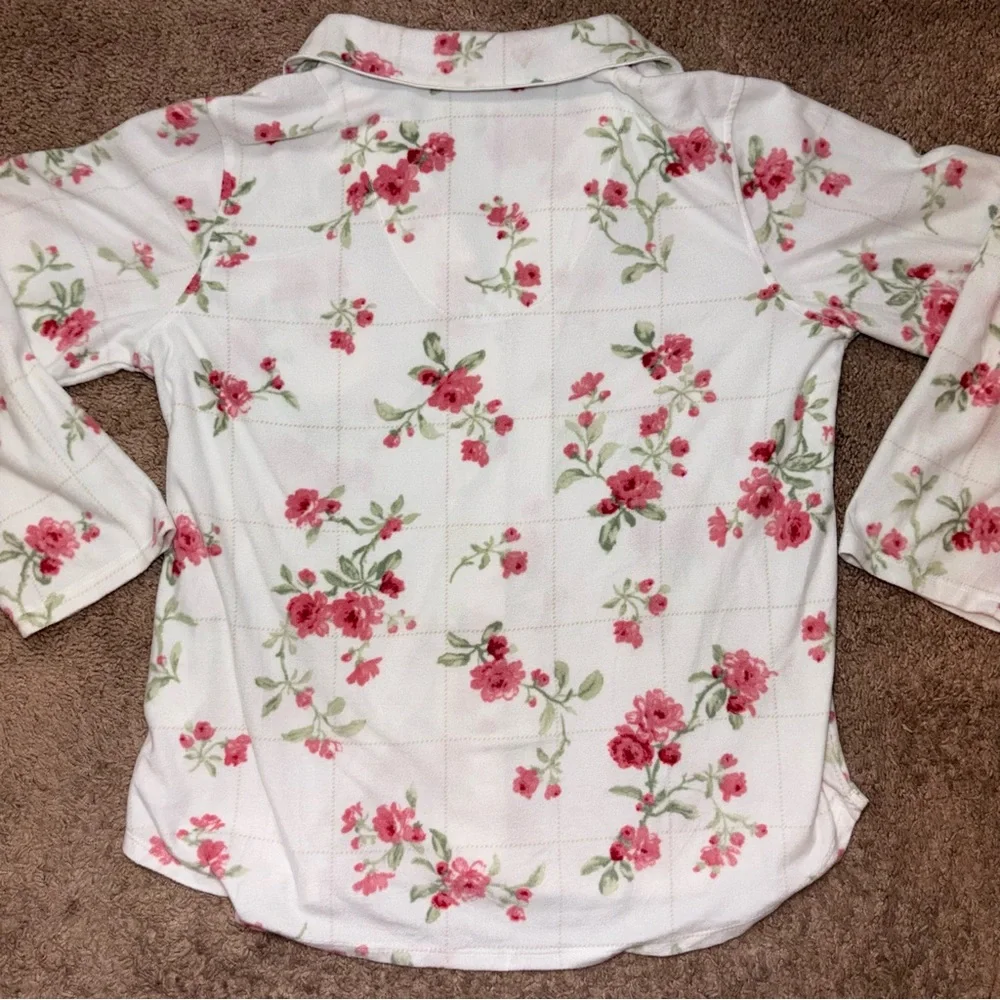 Lauren Ralph Lauren Floral Pajama Top Womens Large Pink Rose Button Up - Picture 8 of 9
